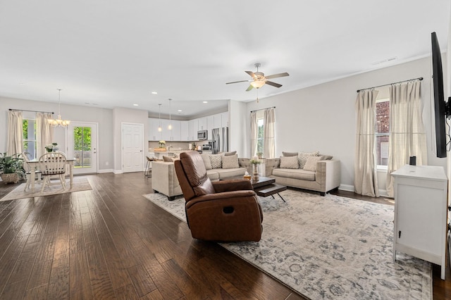 567 Oakvale Ln, Mount Juliet, TN 37122 - living room featuring dark wood-style floors, ceiling fan, healthy amount of natural light, a chandelier, and recessed lighting