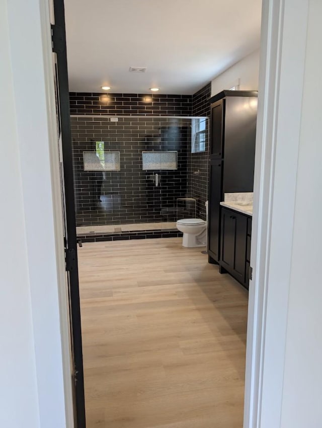 bathroom featuring toilet, vanity, wood finished floors, and a shower stall
