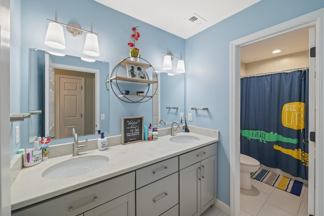 full bath with tile patterned flooring, visible vents, double vanity, and a sink
