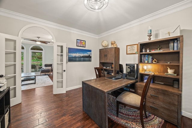 office featuring french doors, a ceiling fan, dark wood-type flooring, baseboards, and ornamental molding