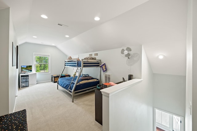 bedroom featuring vaulted ceiling, carpet, visible vents, and recessed lighting