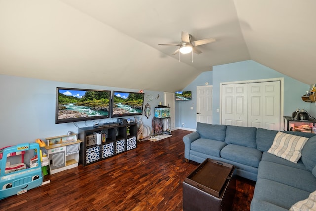 living room with a ceiling fan, baseboards, wood finished floors, and vaulted ceiling