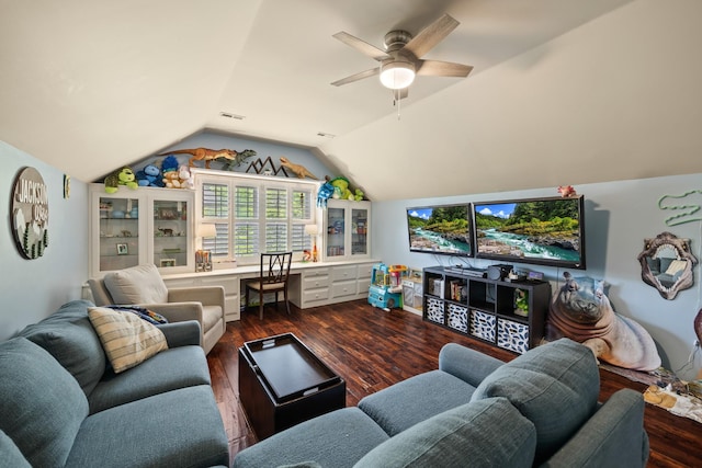 living area featuring ceiling fan, visible vents, lofted ceiling, and dark wood-type flooring