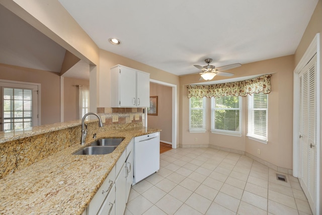 2004 Pinewood Ct, Mount Juliet, TN 37122 - kitchen featuring a sink, dishwasher, a ceiling fan, white cabinetry, and tasteful backsplash