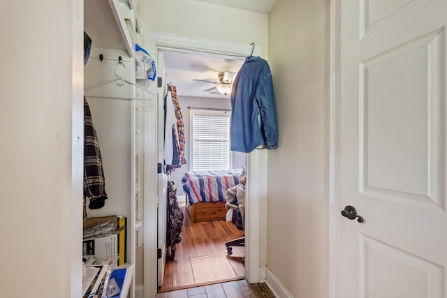 walk in closet with ceiling fan and wood finished floors