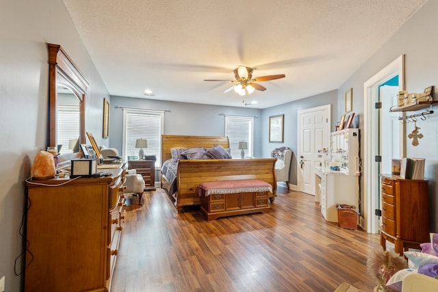 bedroom with recessed lighting, a ceiling fan, and wood finished floors