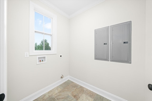 clothes washing area with electric panel, laundry area, hookup for an electric dryer, washer hookup, and baseboards