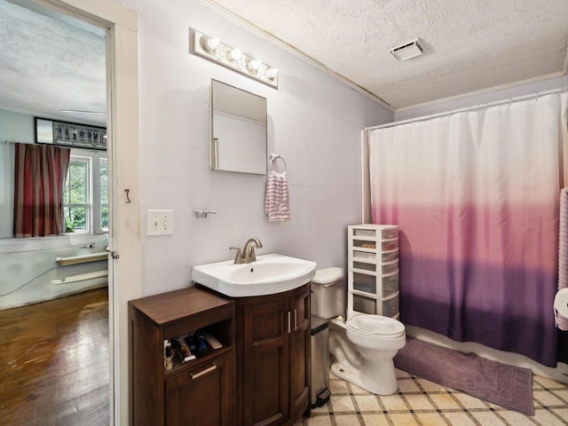bathroom featuring toilet, vanity, visible vents, and a textured ceiling
