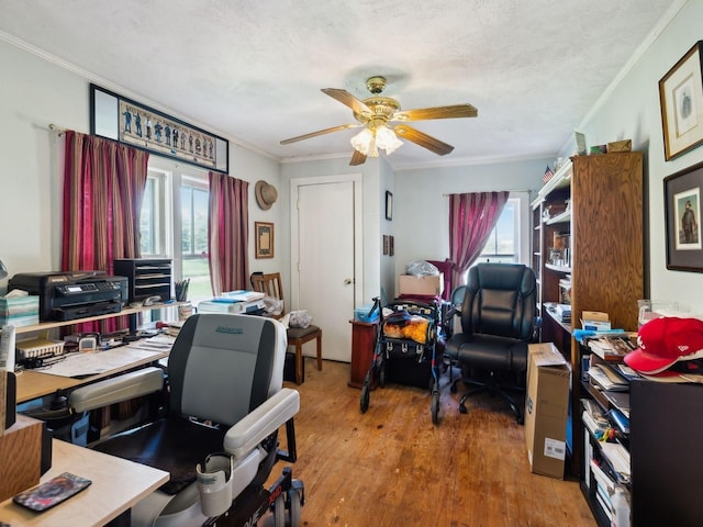 office featuring crown molding, wood finished floors, and a ceiling fan