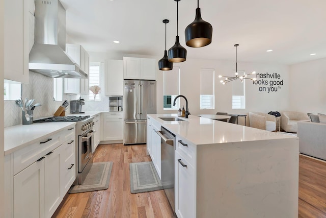 kitchen with a sink, tasteful backsplash, ventilation hood, white cabinetry, and high end appliances