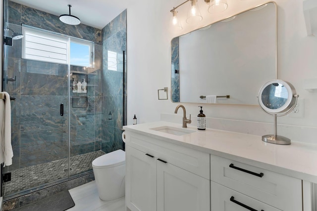 full bathroom featuring vanity, toilet, and a shower stall
