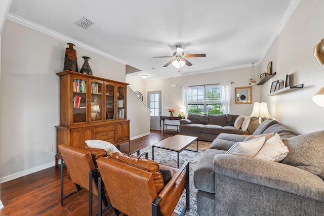 5002 Fox Run S, Spring Hill, TN 37174 - living room with crown molding, dark wood finished floors, baseboards, and a ceiling fan