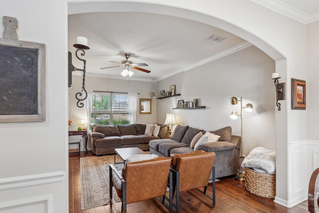 5002 Fox Run S, Spring Hill, TN 37174 - living area with a ceiling fan, ornamental molding, visible vents, wood finished floors, and arched walkways