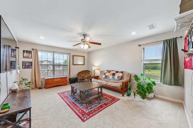 5002 Fox Run S, Spring Hill, TN 37174 - living room with carpet, visible vents, recessed lighting, ceiling fan, and baseboards
