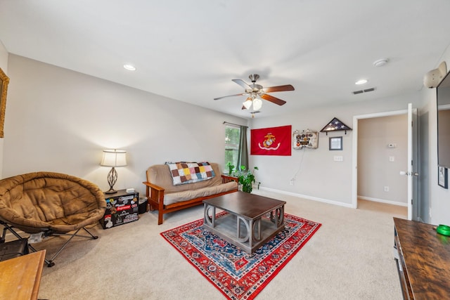 5002 Fox Run S, Spring Hill, TN 37174 - living room with ceiling fan, recessed lighting, visible vents, and light colored carpet