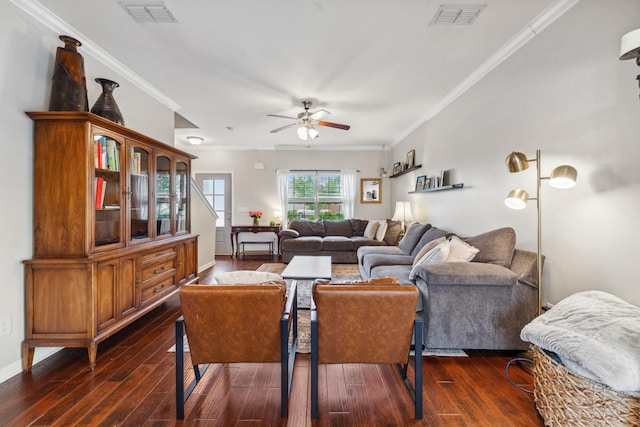 5002 Fox Run S, Spring Hill, TN 37174 - living room featuring crown molding, a ceiling fan, visible vents, and dark wood finished floors