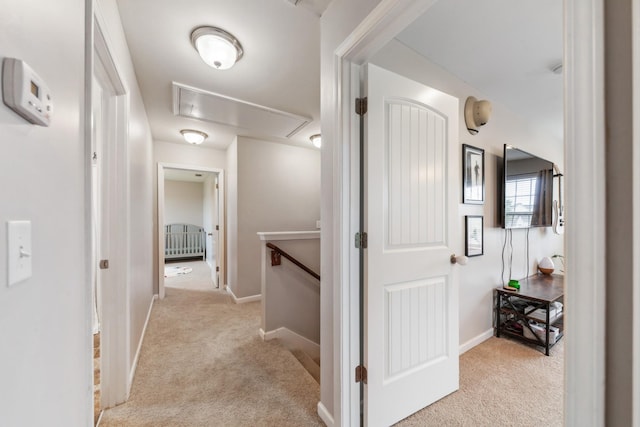 5002 Fox Run S, Spring Hill, TN 37174 - hallway featuring an upstairs landing, attic access, baseboards, and carpet