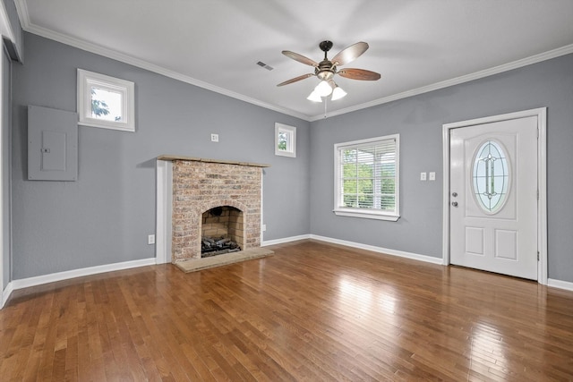 455 No Pone Valley Rd NW, Georgetown, TN 37336 - unfurnished living room with ornamental molding, ceiling fan, visible vents, wood finished floors, and a fireplace