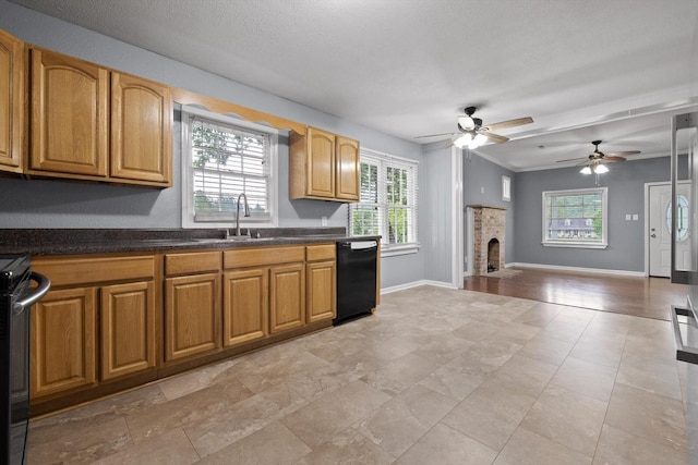 455 No Pone Valley Rd NW, Georgetown, TN 37336 - kitchen with black appliances, a brick fireplace, a healthy amount of sunlight, and a sink