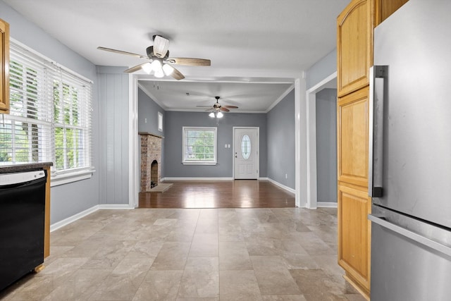 455 No Pone Valley Rd NW, Georgetown, TN 37336 - interior space with a ceiling fan, a brick fireplace, ornamental molding, and baseboards