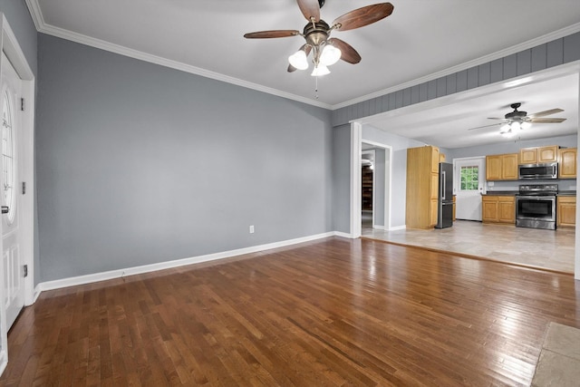 455 No Pone Valley Rd NW, Georgetown, TN 37336 - unfurnished living room featuring a ceiling fan, baseboards, light wood finished floors, and ornamental molding
