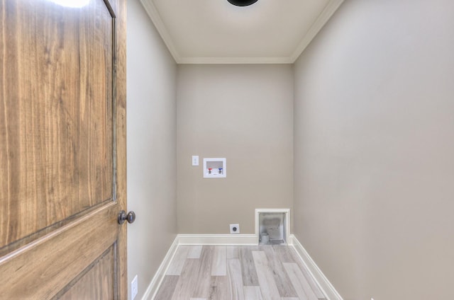 laundry area featuring hookup for a washing machine, light wood finished floors, crown molding, hookup for an electric dryer, and laundry area