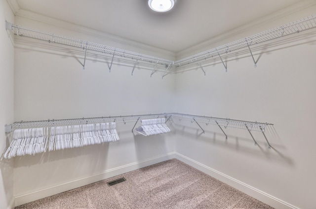 spacious closet with light carpet and visible vents