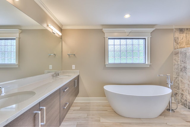 bathroom featuring ornamental molding, a freestanding bath, a sink, and double vanity