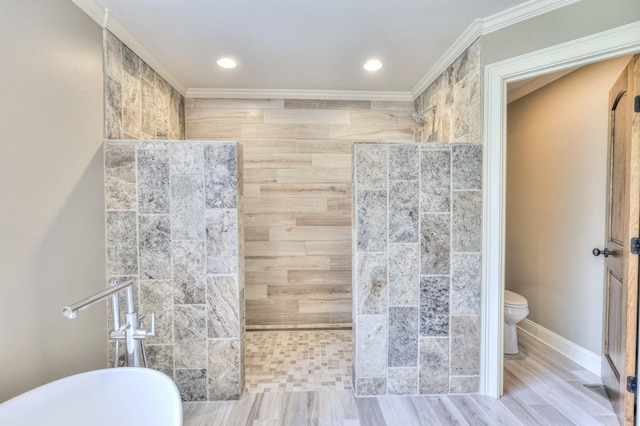 full bathroom with recessed lighting, toilet, a walk in shower, a freestanding bath, and crown molding