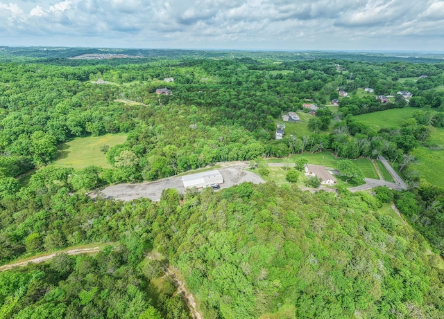 bird's eye view with a wooded view