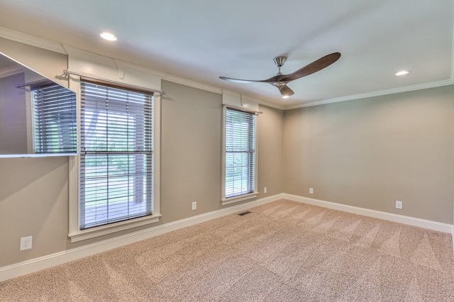 carpeted empty room with visible vents, baseboards, a ceiling fan, and recessed lighting