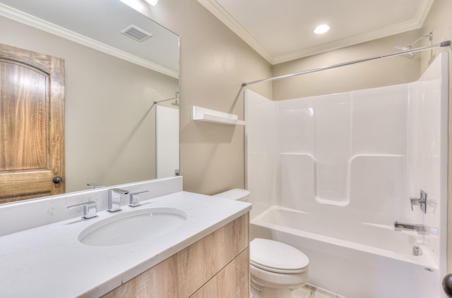 bathroom with crown molding, toilet, and visible vents