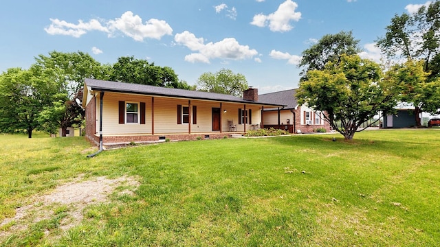 view of front facade featuring a chimney, a porch, a front lawn, and crawl space