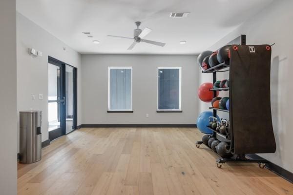 1677 54th Ave N Unit 318, Nashville, TN 37209 - workout area with wood finished floors, a ceiling fan, and baseboards