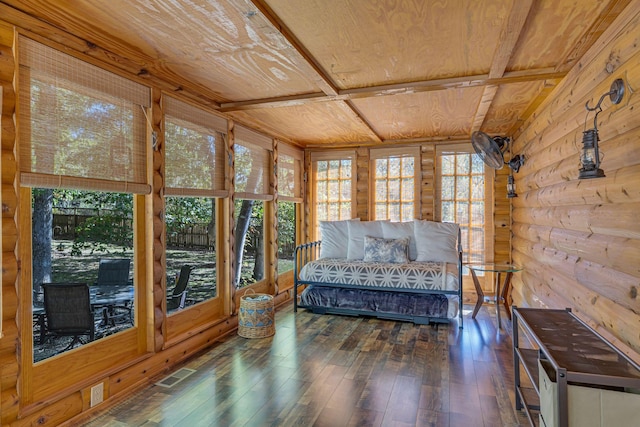 sunroom with wood ceiling, wood walls, visible vents, and wood-type flooring