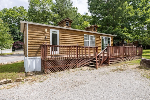 back of property featuring a deck and log veneer siding