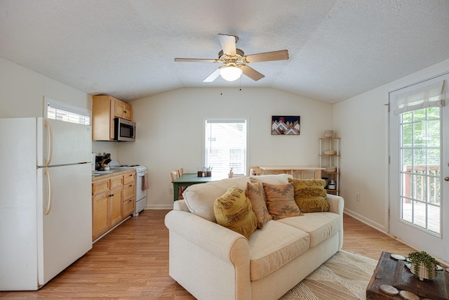 living room featuring lofted ceiling, a healthy amount of sunlight, light wood finished floors, and ceiling fan