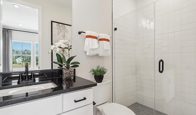bathroom with vanity, toilet, and a shower stall