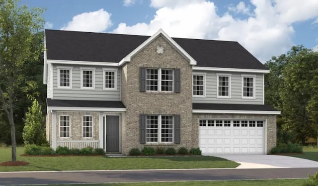 view of front of house featuring concrete driveway, a front yard, brick siding, and an attached garage