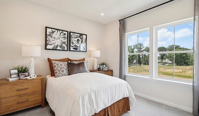bedroom with baseboards, multiple windows, and light carpet