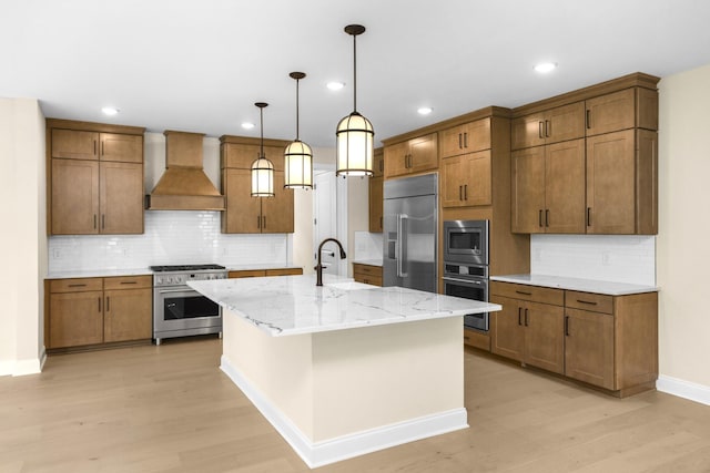 5958 Hunt Valley Dr, Spring Hill, TN 37174 - kitchen featuring built in appliances, custom exhaust hood, light wood finished floors, recessed lighting, and tasteful backsplash