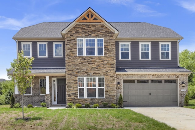 5958 Hunt Valley Dr, Spring Hill, TN 37174 - craftsman house featuring driveway, a garage, a front lawn, and a shingled roof