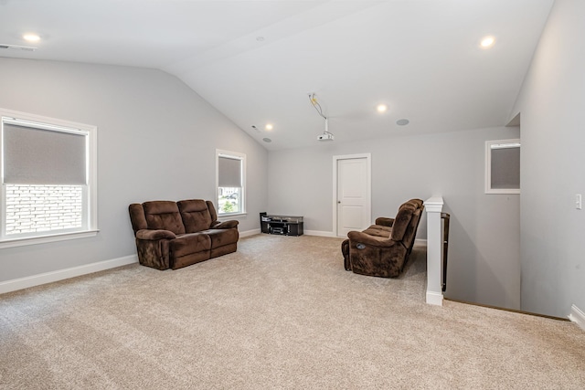 5509 Dana Ln, Franklin, TN 37064 - living area with carpet, vaulted ceiling, an upstairs landing, baseboards, and recessed lighting