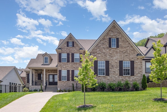 5509 Dana Ln, Franklin, TN 37064 - view of front of home featuring french doors, brick siding, a front yard, and roof with shingles