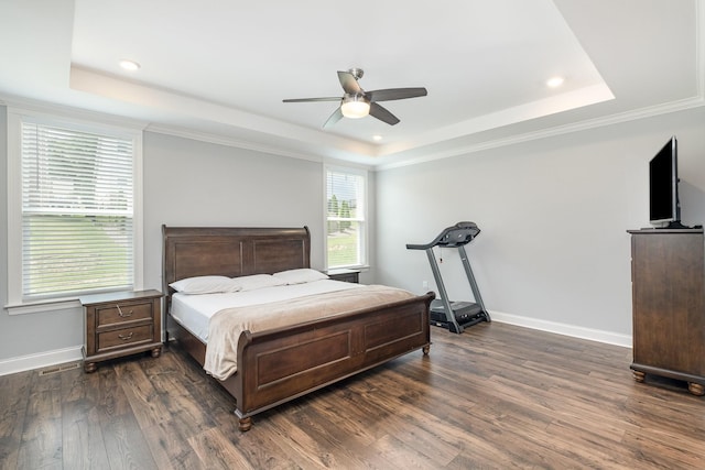 5509 Dana Ln, Franklin, TN 37064 - bedroom featuring a tray ceiling, dark wood-style floors, baseboards, recessed lighting, and ornamental molding