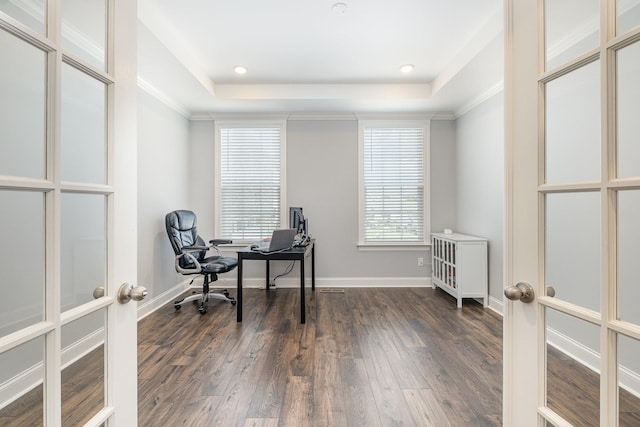 5509 Dana Ln, Franklin, TN 37064 - home office with french doors, dark wood finished floors, a raised ceiling, baseboards, and ornamental molding