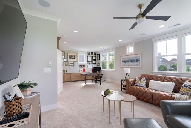 living area with a ceiling fan, visible vents, baseboards, light colored carpet, and recessed lighting