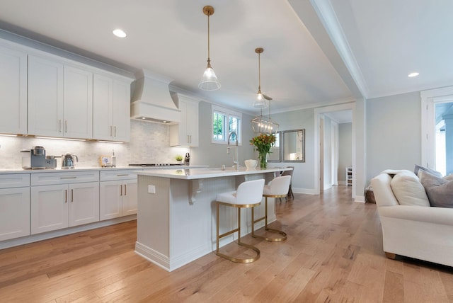 kitchen with crown molding, light wood-style floors, tasteful backsplash, and custom exhaust hood