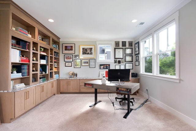office featuring light colored carpet, visible vents, baseboards, and recessed lighting