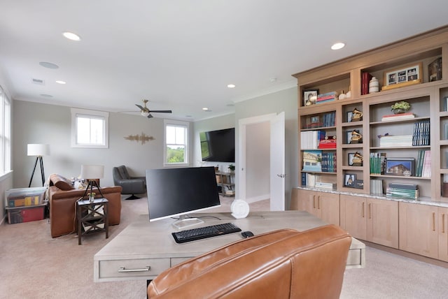 office area featuring a ceiling fan, recessed lighting, visible vents, and light colored carpet